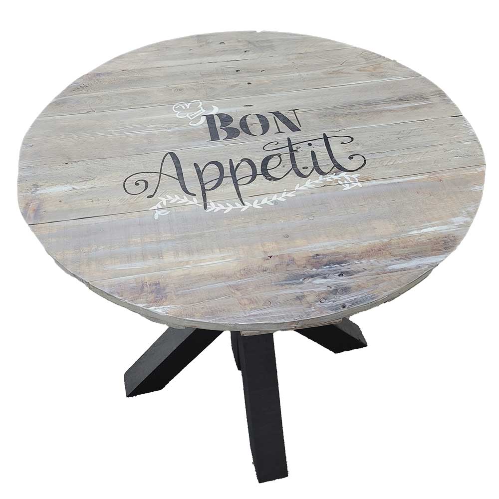 Table ronde en bois recyclé personnalisable, avec inscription : Bon appétit.