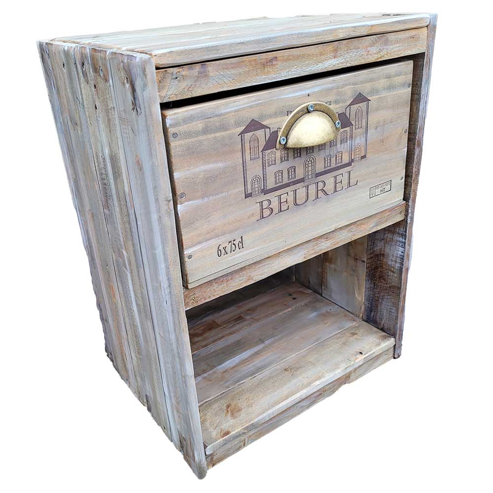 Table de nuit en bois recyclé, grise avec un style rustique.